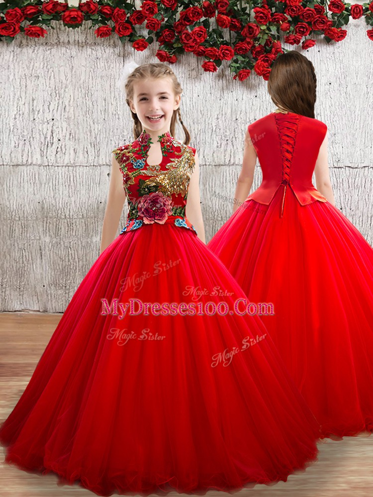 Red Lace Up High-neck Appliques Little Girls Pageant Gowns Tulle Sleeveless