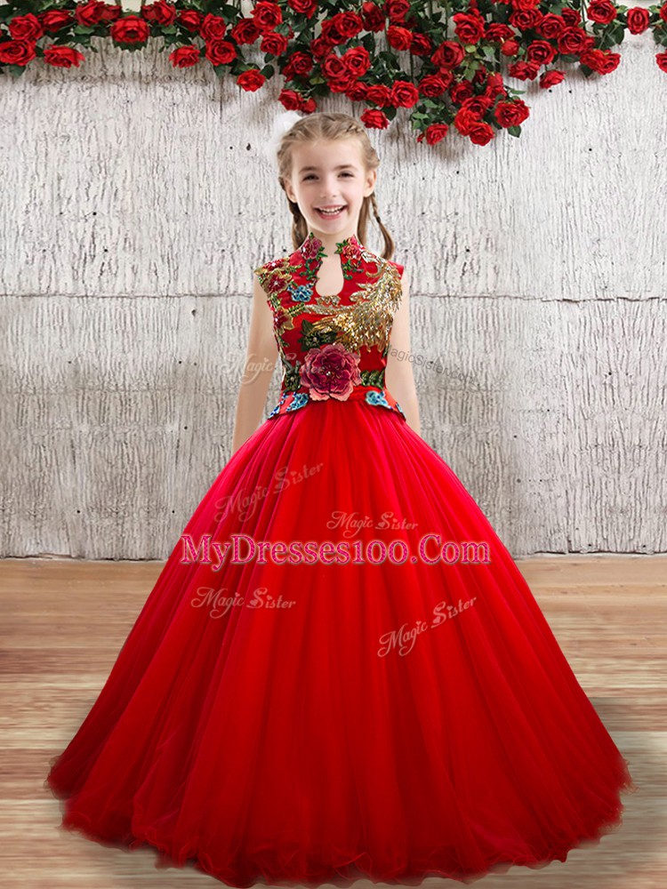 Red Lace Up High-neck Appliques Little Girls Pageant Gowns Tulle Sleeveless