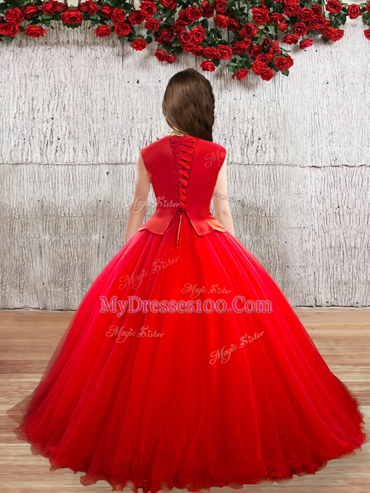 Red Lace Up High-neck Appliques Little Girls Pageant Gowns Tulle Sleeveless
