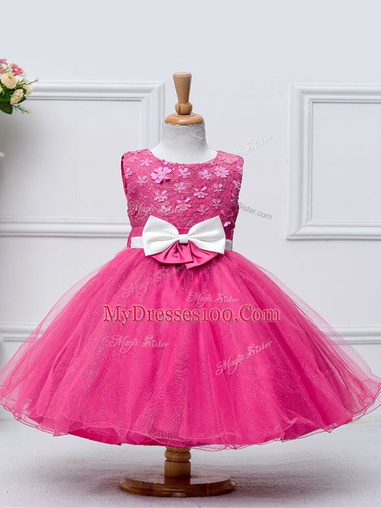 Sleeveless Lace and Bowknot Zipper Girls Pageant Dresses
