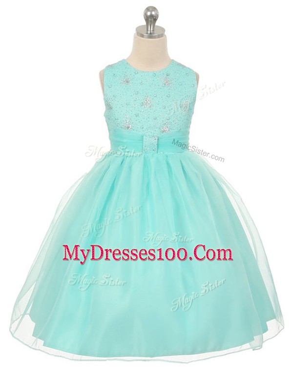 Apple Green Lace Up Little Girl Pageant Gowns Beading Sleeveless Knee Length