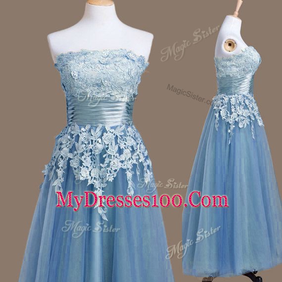 New Arrival Empire Dama Dress for Quinceanera Blue Strapless Tulle Sleeveless Tea Length Lace Up