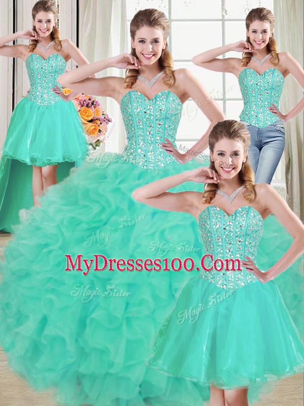Three Pieces Sleeveless Turquoise Vestidos de Quinceanera Brush Train Lace Up