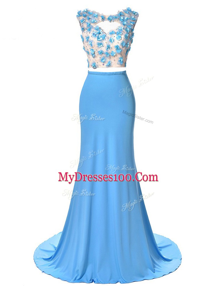 Glorious Blue Scoop Backless Hand Made Flower Brush Train Sleeveless