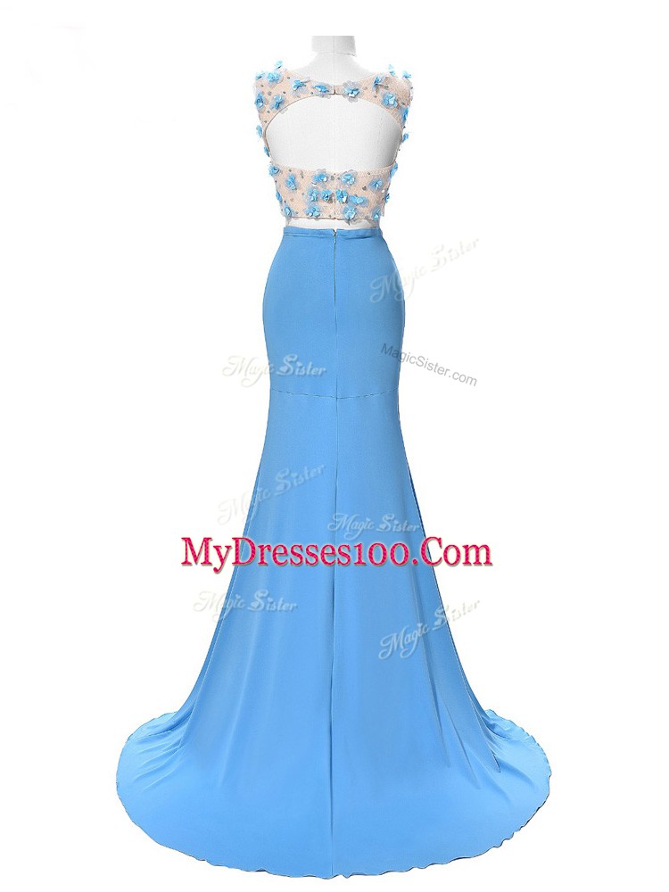 Glorious Blue Scoop Backless Hand Made Flower Brush Train Sleeveless