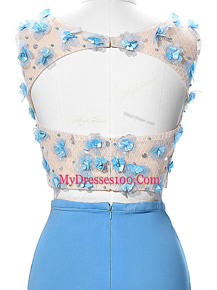 Glorious Blue Scoop Backless Hand Made Flower Brush Train Sleeveless