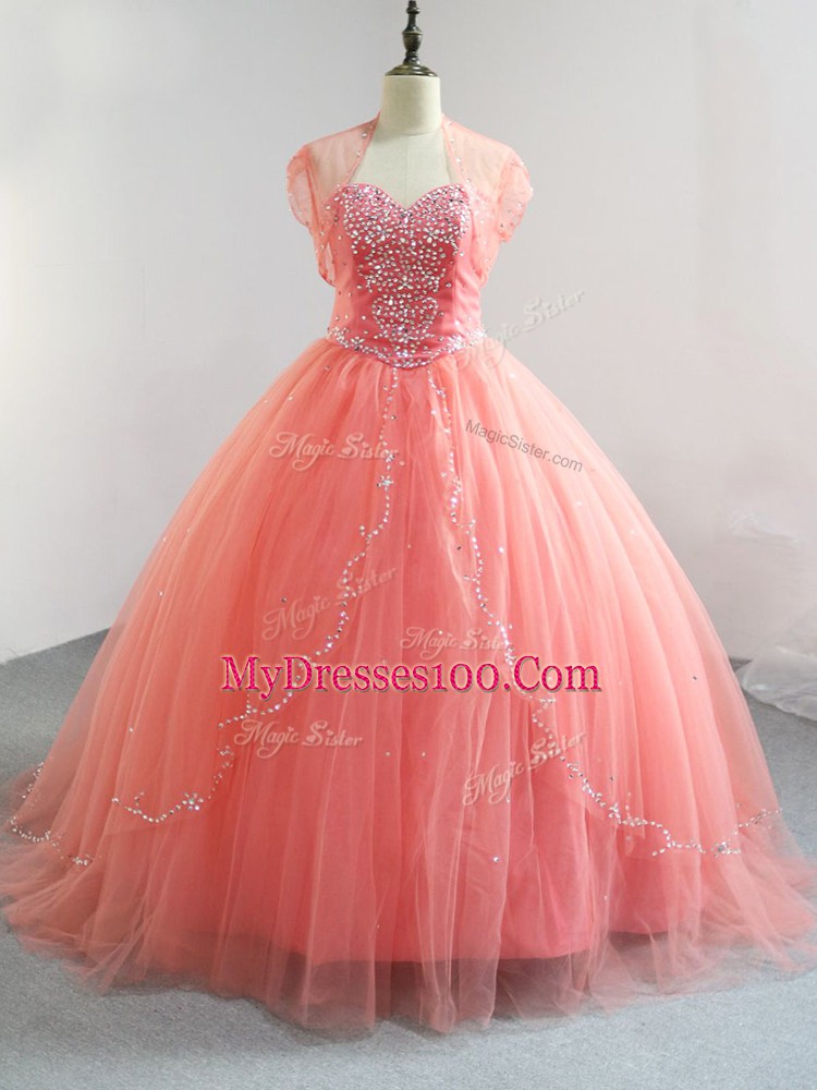 Extravagant Watermelon Red Ball Gowns Beading Quinceanera Gown Lace Up Tulle Sleeveless Floor Length