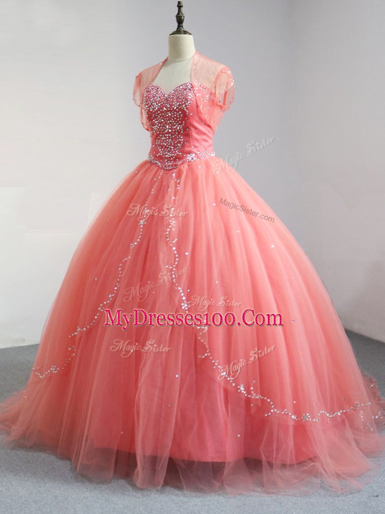 Extravagant Watermelon Red Ball Gowns Beading Quinceanera Gown Lace Up Tulle Sleeveless Floor Length