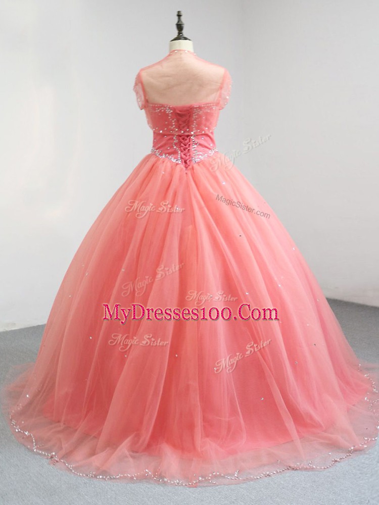 Extravagant Watermelon Red Ball Gowns Beading Quinceanera Gown Lace Up Tulle Sleeveless Floor Length