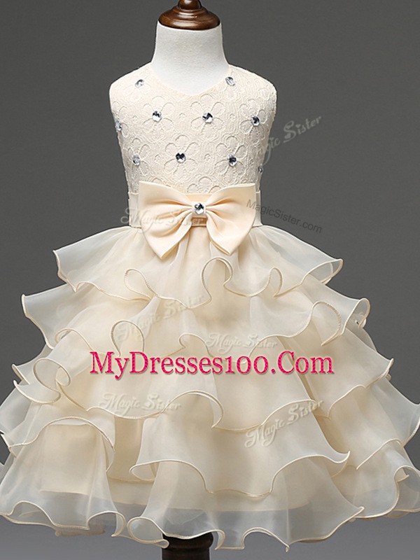 Super Sleeveless Zipper Knee Length Lace and Ruffled Layers and Bowknot Kids Pageant Dress