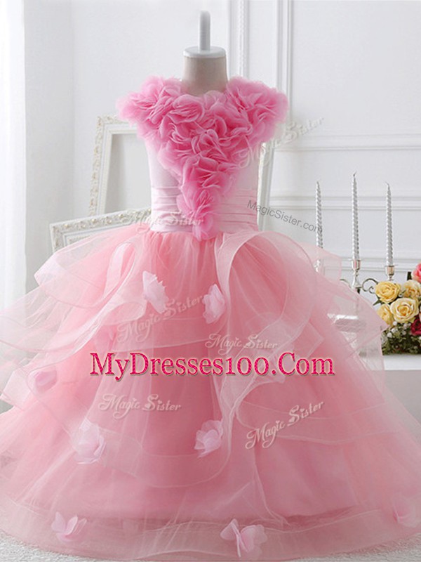 Sleeveless Ruffles and Hand Made Flower Zipper Kids Formal Wear