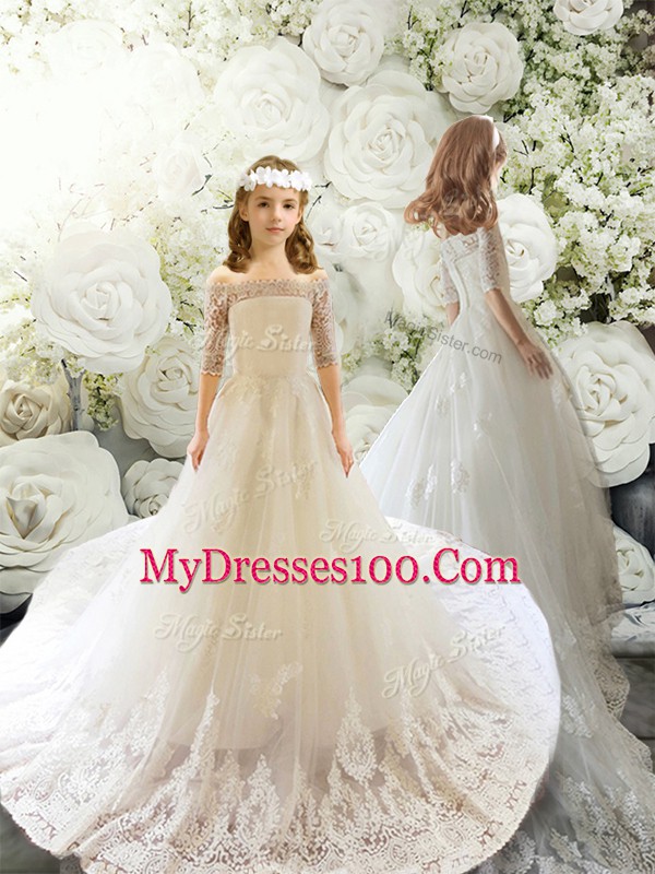Elegant A-line Half Sleeves White Toddler Flower Girl Dress Court Train Clasp Handle