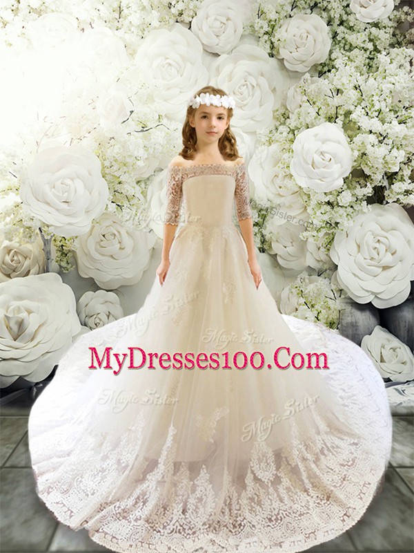 Elegant A-line Half Sleeves White Toddler Flower Girl Dress Court Train Clasp Handle