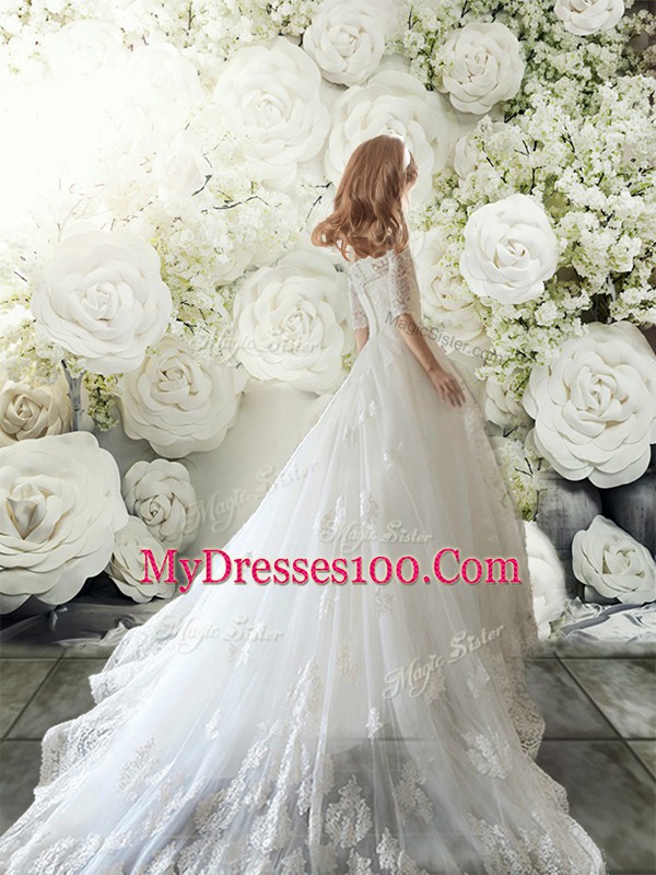 Elegant A-line Half Sleeves White Toddler Flower Girl Dress Court Train Clasp Handle