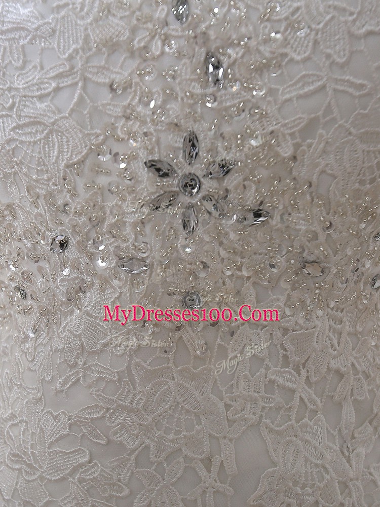 Sweetheart Sleeveless Wedding Dress Brush Train Lace and Appliques White Lace