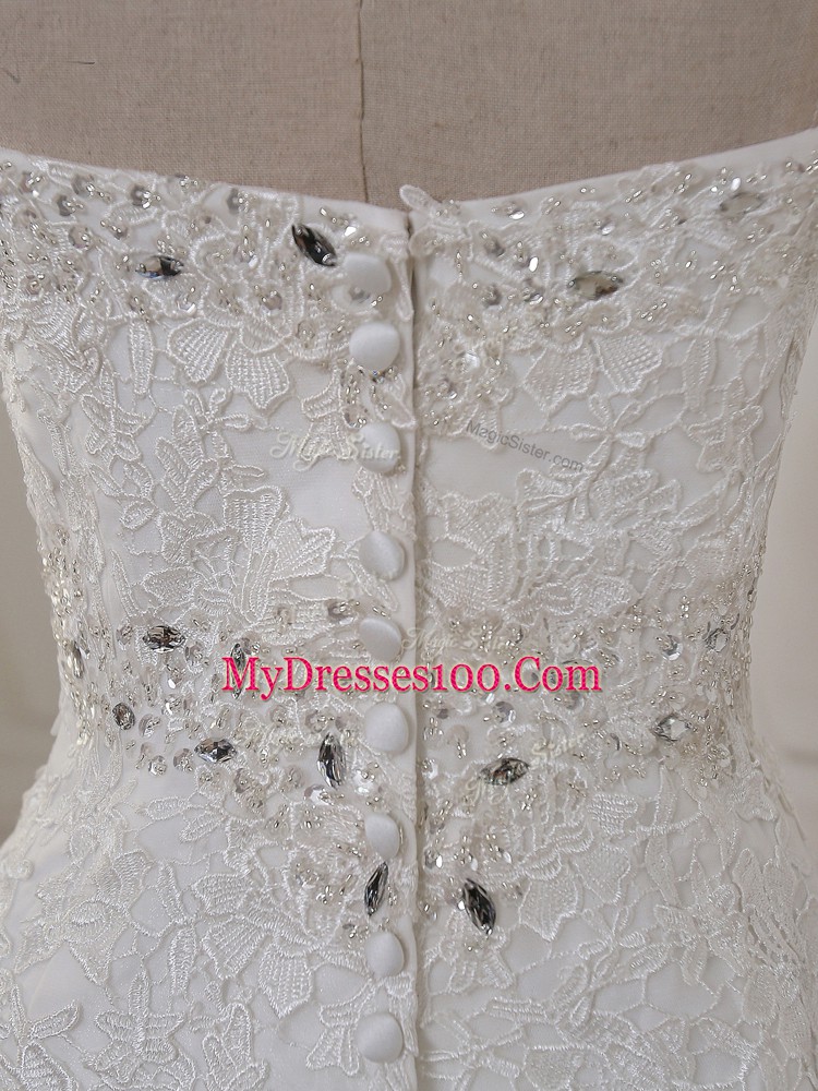 Sweetheart Sleeveless Wedding Dress Brush Train Lace and Appliques White Lace
