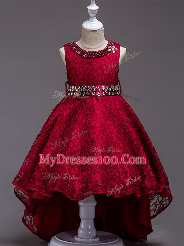 Exceptional Wine Red Sleeveless Lace Lace Up Flower Girl Dresses for Wedding Party