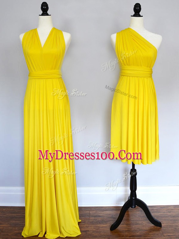 Yellow Empire Chiffon Halter Top Sleeveless Ruching Floor Length Lace Up Wedding Party Dress