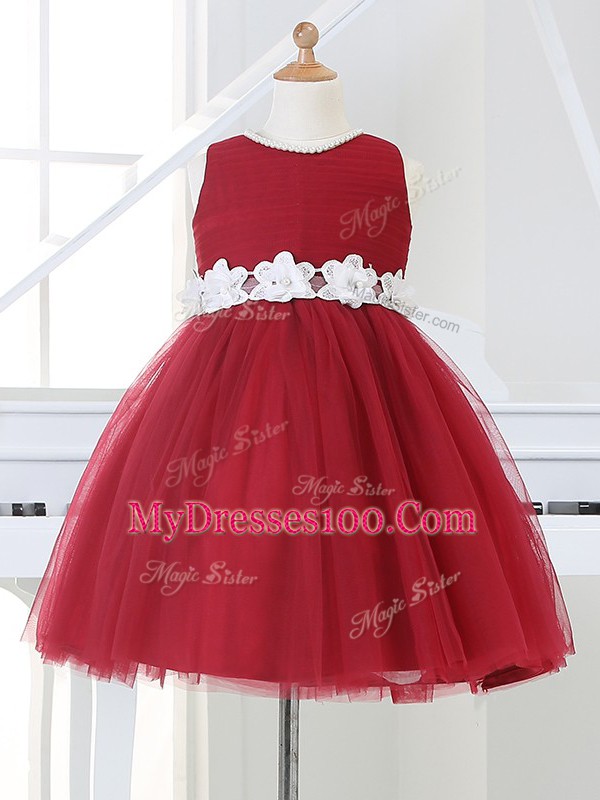 Exquisite Scoop Sleeveless Flower Girl Dresses for Less Knee Length Appliques Wine Red Tulle
