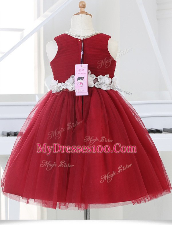Exquisite Scoop Sleeveless Flower Girl Dresses for Less Knee Length Appliques Wine Red Tulle