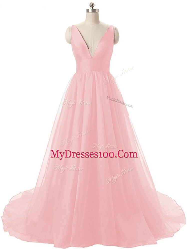 Extravagant A-line Sleeveless Baby Pink Dress for Prom Brush Train Zipper