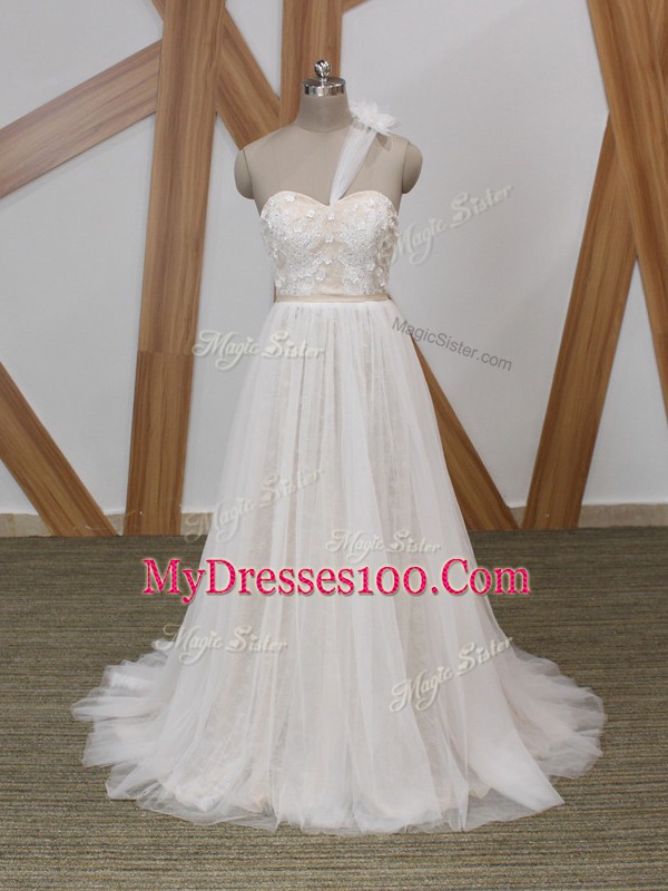 Amazing White Wedding Dresses Beach and Wedding Party with Lace and Appliques One Shoulder Sleeveless Brush Train Zipper