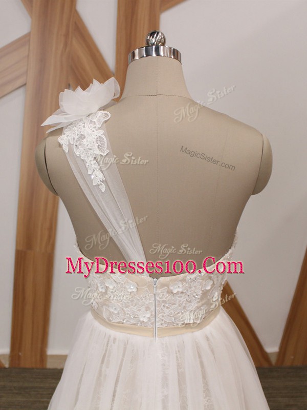 Amazing White Wedding Dresses Beach and Wedding Party with Lace and Appliques One Shoulder Sleeveless Brush Train Zipper