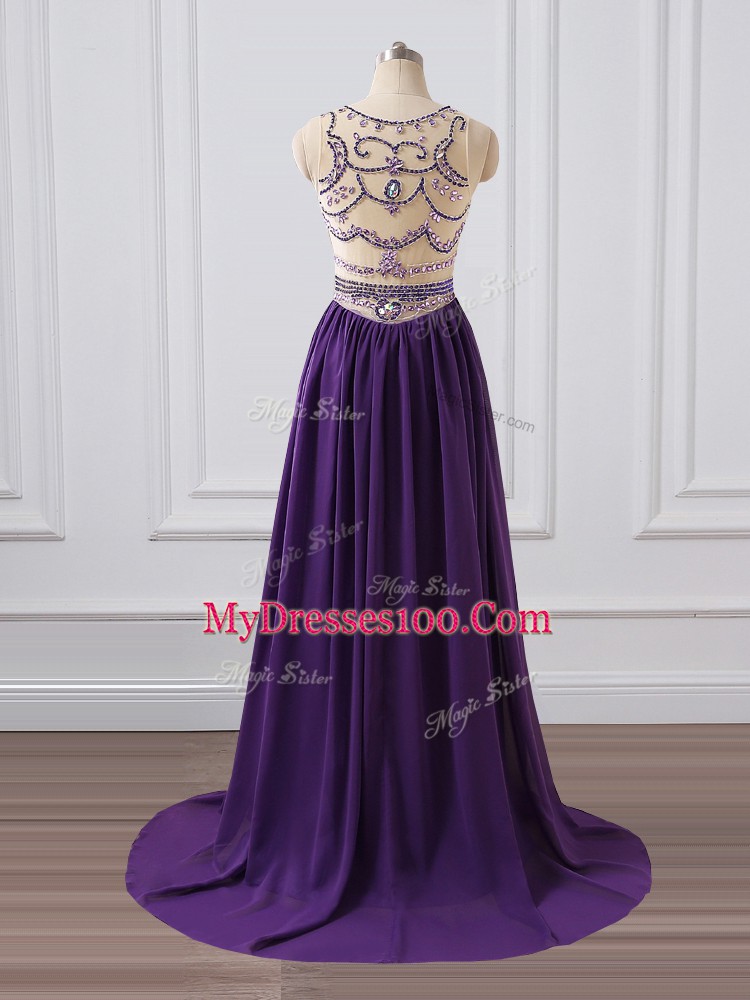 Custom Made Purple Column/Sheath Scoop Sleeveless Chiffon Brush Train Zipper Beading Dress for Prom