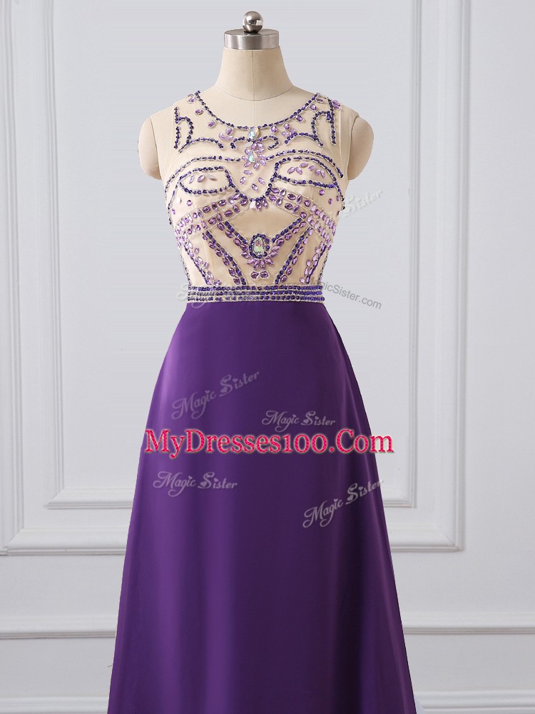 Custom Made Purple Column/Sheath Scoop Sleeveless Chiffon Brush Train Zipper Beading Dress for Prom