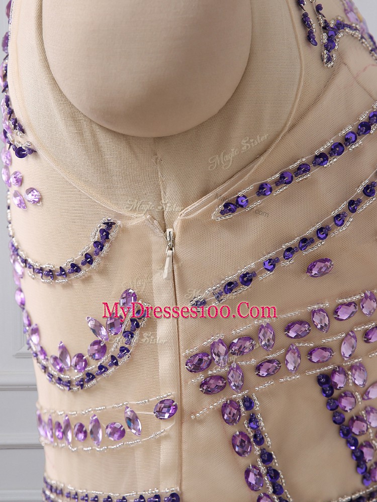 Custom Made Purple Column/Sheath Scoop Sleeveless Chiffon Brush Train Zipper Beading Dress for Prom