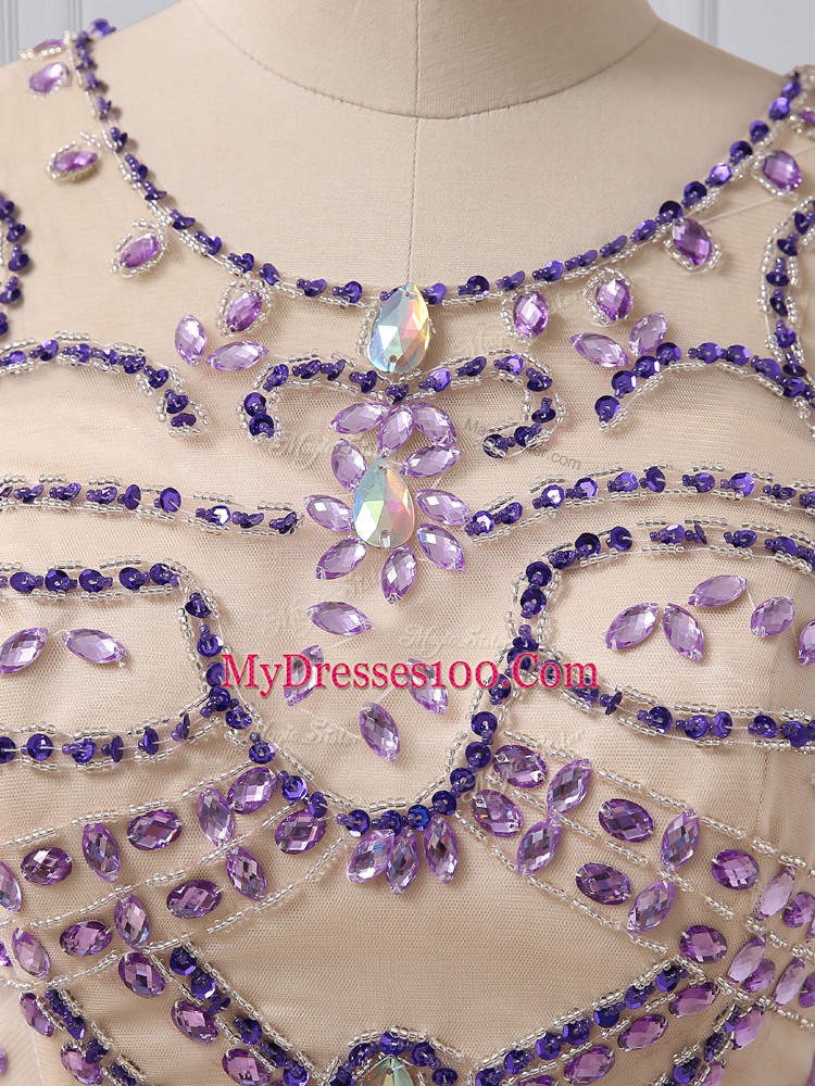Custom Made Purple Column/Sheath Scoop Sleeveless Chiffon Brush Train Zipper Beading Dress for Prom