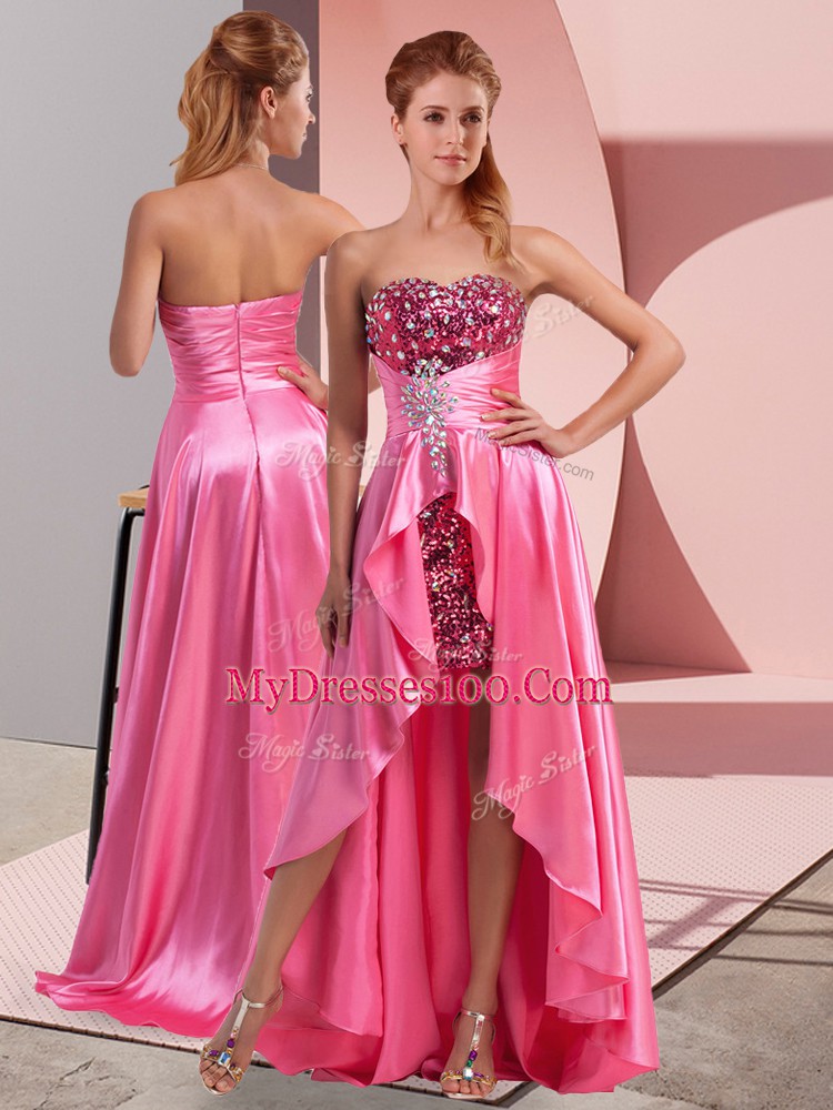 Elastic Woven Satin Sweetheart Sleeveless Zipper Beading and Sequins and Ruching Homecoming Dress in Rose Pink