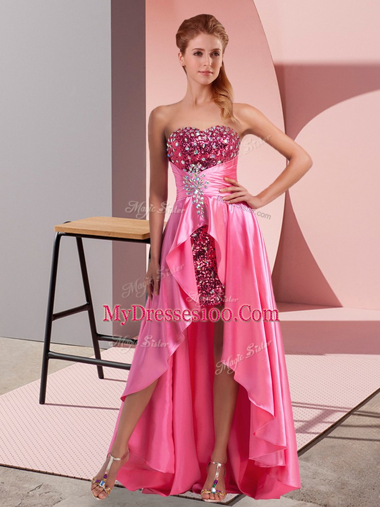 Elastic Woven Satin Sweetheart Sleeveless Zipper Beading and Sequins and Ruching Homecoming Dress in Rose Pink