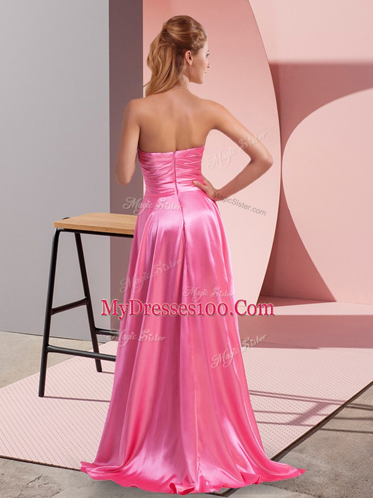 Elastic Woven Satin Sweetheart Sleeveless Zipper Beading and Sequins and Ruching Homecoming Dress in Rose Pink