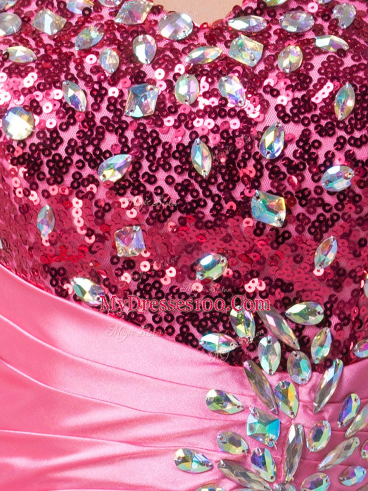 Elastic Woven Satin Sweetheart Sleeveless Zipper Beading and Sequins and Ruching Homecoming Dress in Rose Pink