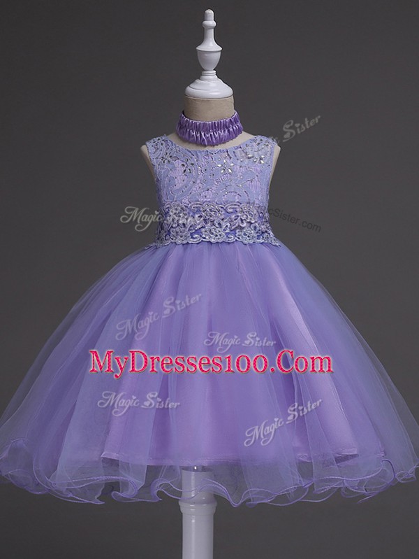 Lavender Ball Gowns Beading and Lace Little Girl Pageant Gowns Zipper Organza Sleeveless Knee Length