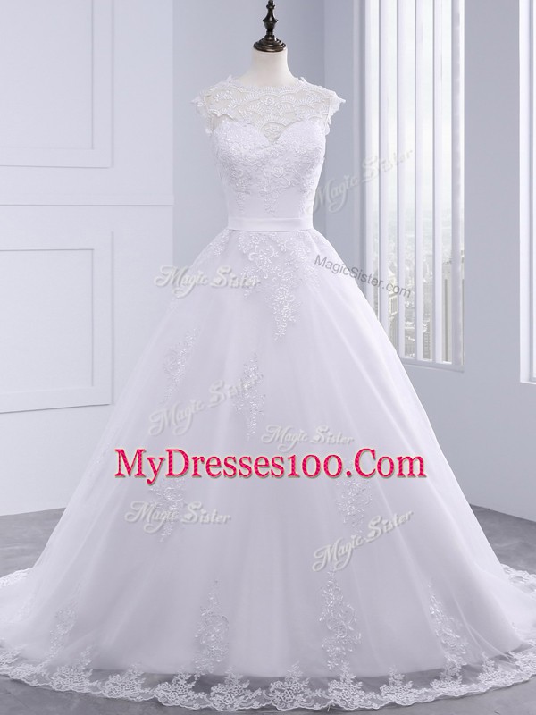 White Sleeveless Brush Train Lace and Appliques and Bowknot Bridal Gown