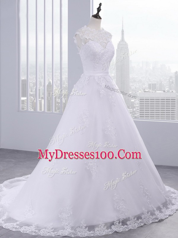 White Sleeveless Brush Train Lace and Appliques and Bowknot Bridal Gown