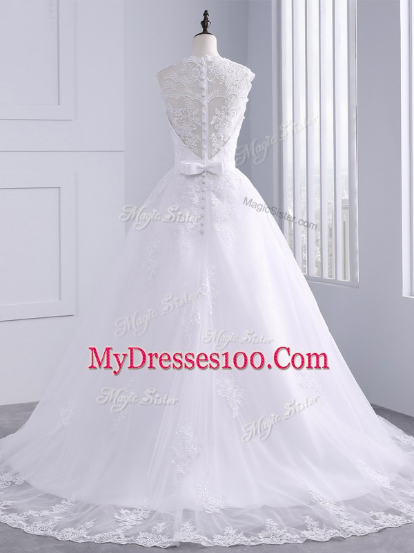 White Sleeveless Brush Train Lace and Appliques and Bowknot Bridal Gown