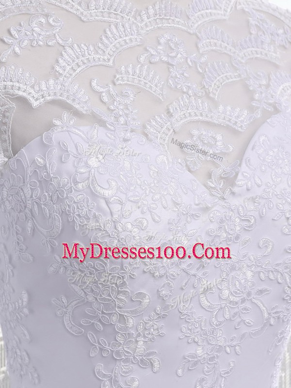 White Sleeveless Brush Train Lace and Appliques and Bowknot Bridal Gown