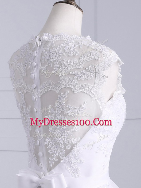 White Sleeveless Brush Train Lace and Appliques and Bowknot Bridal Gown