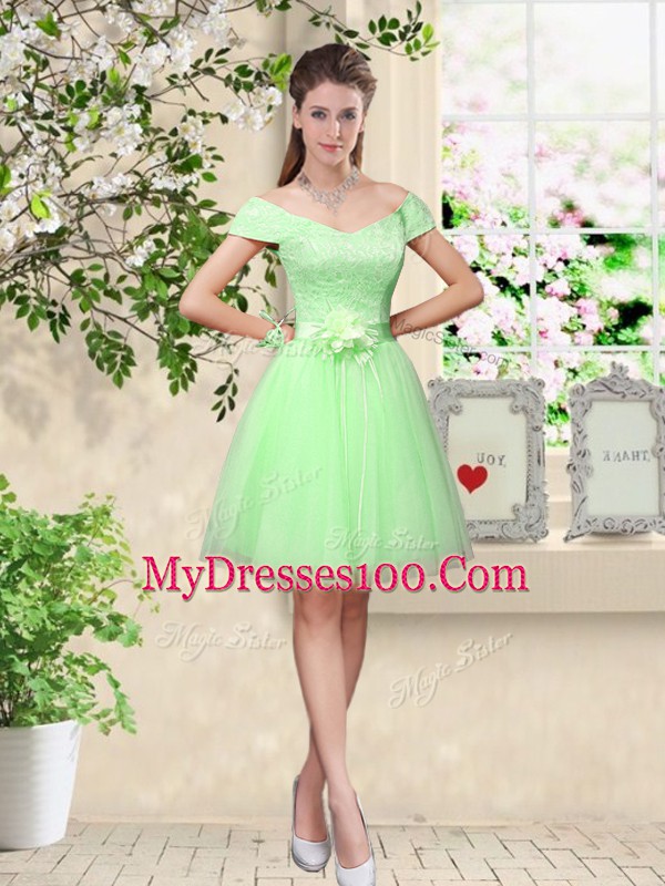 Graceful Knee Length Apple Green Vestidos de Damas V-neck Cap Sleeves Lace Up