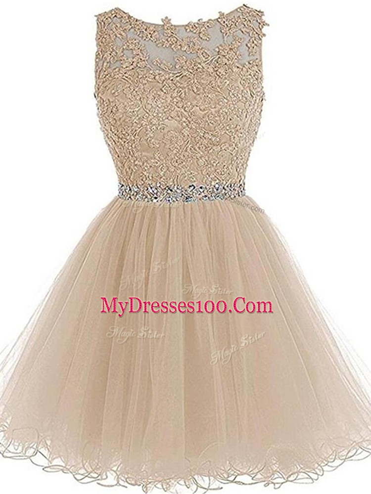Fashion Champagne A-line Beading and Lace and Appliques Pageant Dress for Teens Zipper Tulle Sleeveless Mini Length