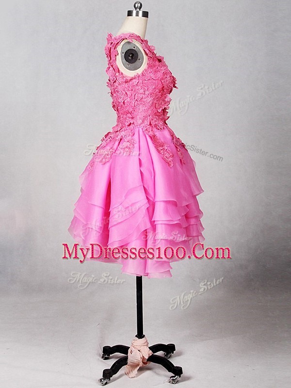 Knee Length Rose Pink Evening Gowns Organza Sleeveless Lace and Appliques and Ruffled Layers