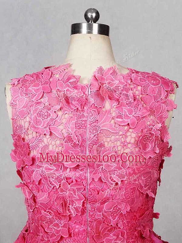 Knee Length Rose Pink Evening Gowns Organza Sleeveless Lace and Appliques and Ruffled Layers