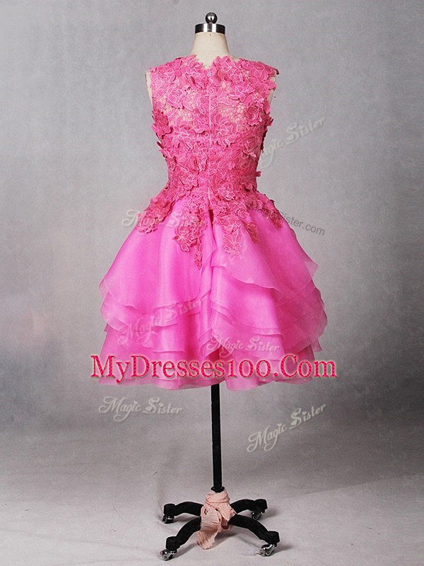 Knee Length Rose Pink Evening Gowns Organza Sleeveless Lace and Appliques and Ruffled Layers