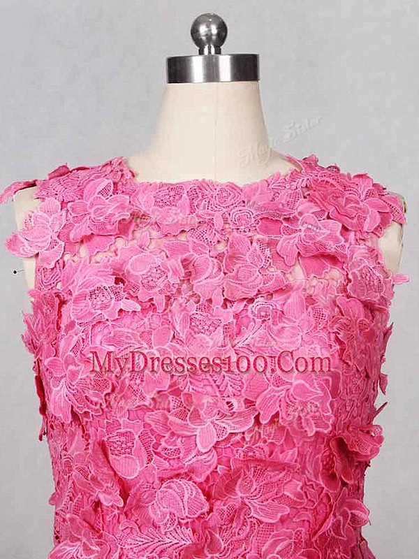 Knee Length Rose Pink Evening Gowns Organza Sleeveless Lace and Appliques and Ruffled Layers