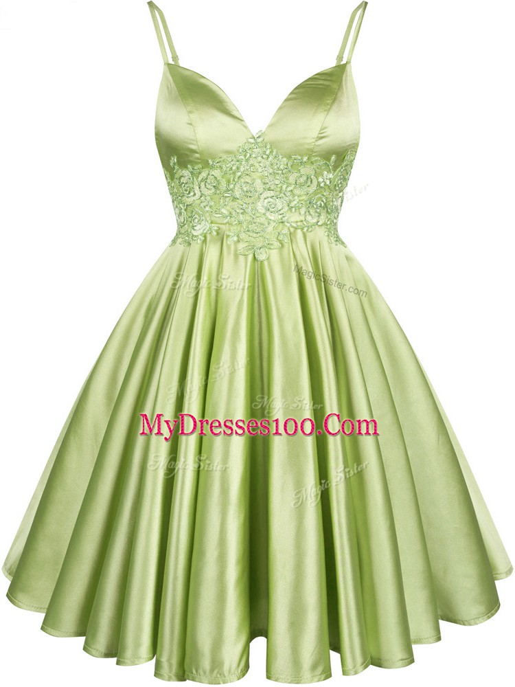 Yellow Green A-line Spaghetti Straps Sleeveless Elastic Woven Satin Knee Length Lace Up Lace Vestidos de Damas
