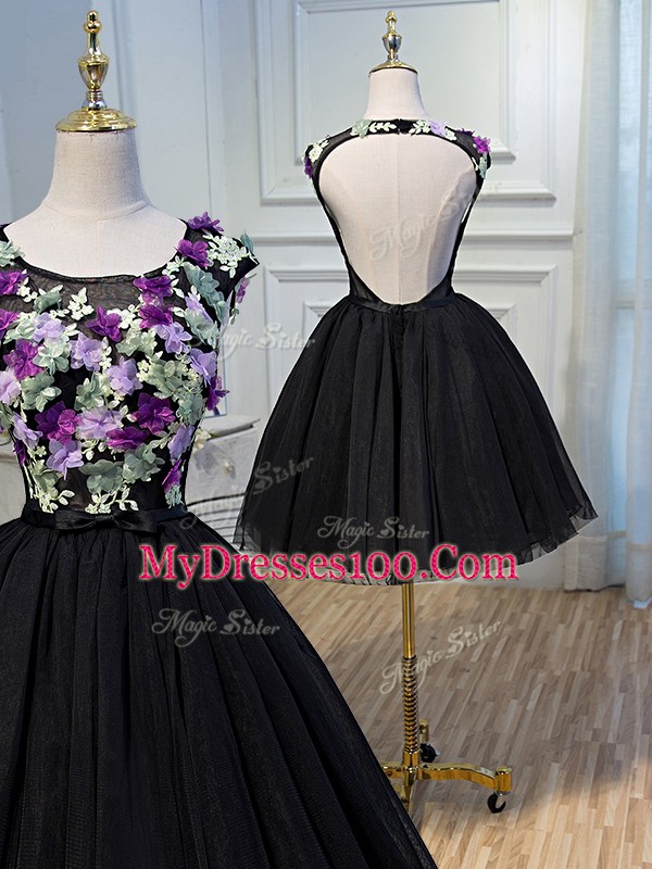 Fitting Sleeveless Mini Length Hand Made Flower Backless Prom Dresses with Black