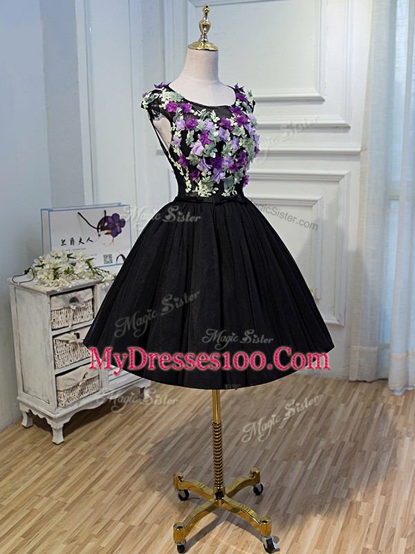 Fitting Sleeveless Mini Length Hand Made Flower Backless Prom Dresses with Black
